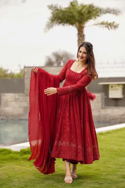 Embellished Red Color Sequence Work Gown